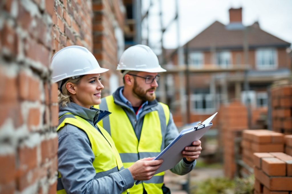 NVQ assessor and candidate reviewing evidence on a clipboard at a UK housing construction site